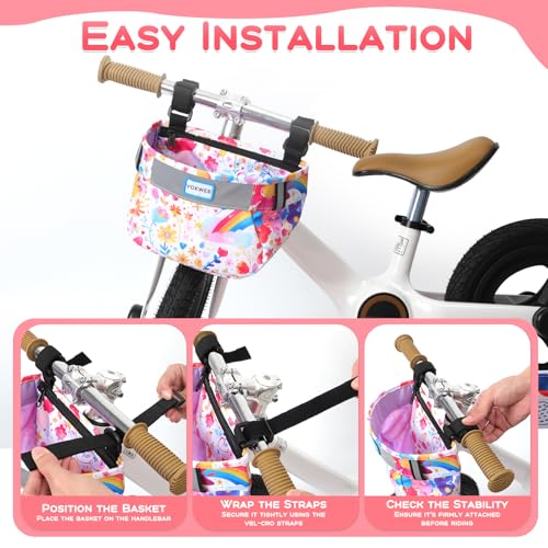 YOKWER Kids Bike Basket Front for Boys Girls, Waterproof Bicycle Front Basket Handlebar Bag with Reflective Safety Straps, Easy to Install Kids Bike Scooter Accessories (Pink Flower) by YOKWER - Image 4