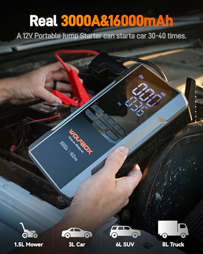 WOLFBOX MF50 Elektrischer Druckluftreiniger 110.000 U/min Akku-Staubbläser + WOLFBOX 3000A Starthilfegerät mit Luftkompressor 16000mAh 160PSI Tragbares Autobatterie-Starthilfegerät