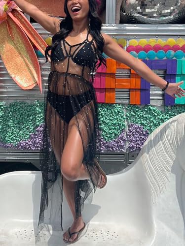Women's Tulle Sheer Mesh Sequin Swimsuit Cover Up Sparkly Flowy Long Maxi Slit Dress Rave Festival Sexy Outfits2