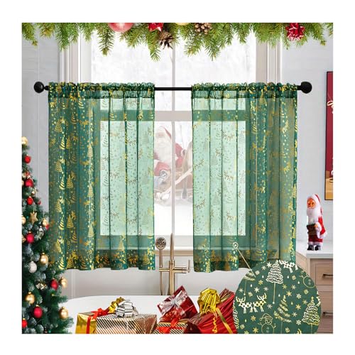 EAZHOP Weihnachts Vorhang Gardinen Halbtransparent 2er Set, Voile Vorhänge mit Stangedurchzug Kinderzimmer Weihnachtsdeko Gardinen, Weihnachtsgardinen, Goldene Weihnachtsbaum (Grün, 63,5 * 93,5cm)