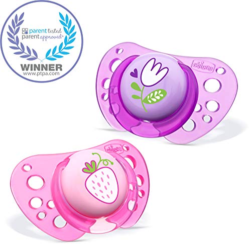 Chicco Flair Orthodontic BPA-Free Pacifier with Reusable Sterilizing Case, 2-pack, Pink/Purple, 12m+