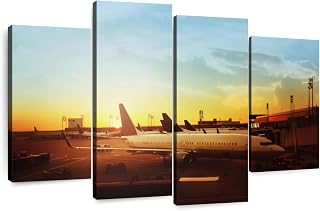 Elephant Stock - Airport Aviation Wall Art - Horizontal Multi Panel Canvas - 4 Piece Living Room Wall Decor - Photography Transportation Multi Piece Wall Art - Blue And Brown Decor - 84" x 54"