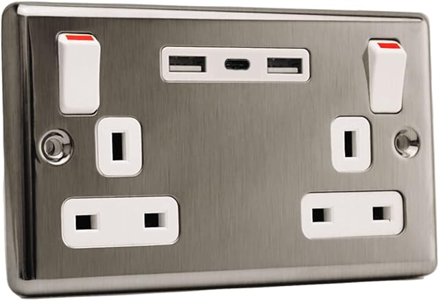 Codeur USB C socket | USB C and USB A metal wall socket | Fast charging USB 5V 5.6A | Double gang, 13A 250V Power outlet| Brushed aluminium