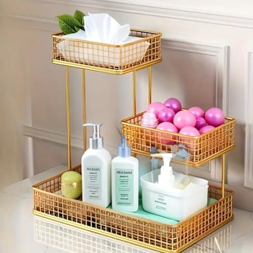 Image of 4 Tier Fruit Basket for Kitchen | Space Saving Decorative Kitchen Organizer | Multi-Layer Dining Table Organizer for Fruits, Snacks & Jars (3 Tier - Gold)