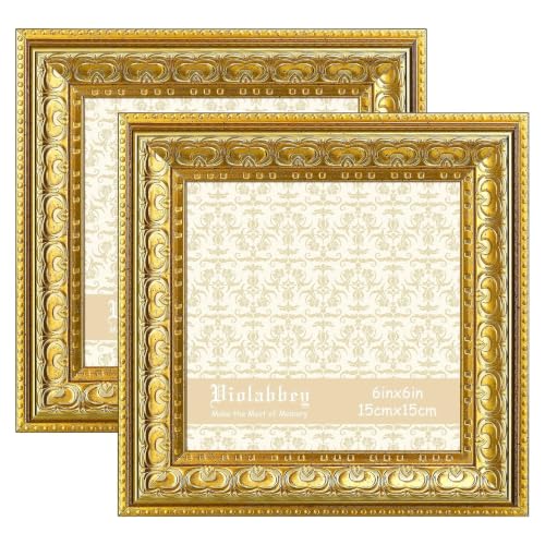 Image of VIOLABBEY 6x6 Picture Frame Gold Set of 2, Vintage Photo Frame | Small Antique Ornate Frame, Square Frame for Wall or Tabletop Display,Classic Design for Home Office Decor