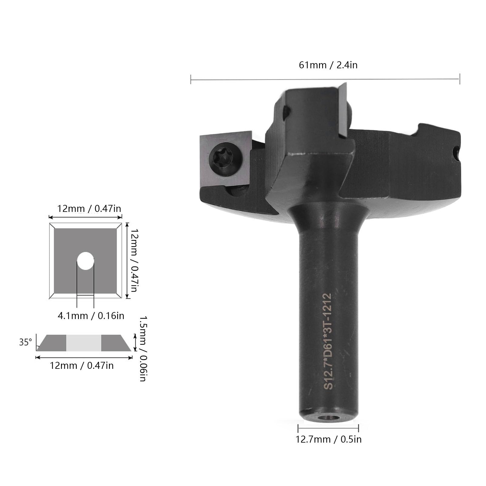 Fresa per appiattire lastra da 1/2 pollice, punta per fresa per appiattimento a 3 taglienti S12.7xD61xH65 3T in acciaio al carbonio per legno massiccio