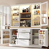 Lahoomu Küchenschrank mit App-gesteuerter LED-Beleuchtung, 185x140x40cm Weiß, 3 Schubladen, Arbeitsplatte, verstellbare Böden
