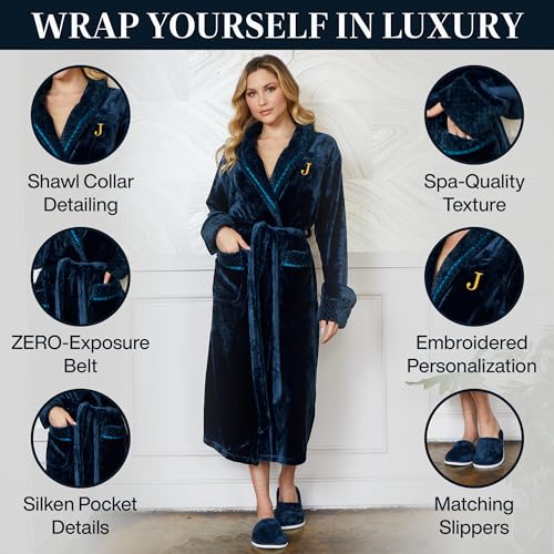 Lotus Linen Plush Robes for Women - Soft Bathrobe, Custom Monogram, Warm Fleece Robe with Pockets3