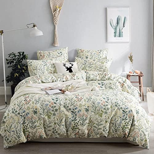 Sedefen Floral Duvet Cover Queen Size Boho Aesthetic Green Botanical Bedding Set with Colorful Flower Print Pattern 3 Pieces Soft Microfiber Comforter Cover with Zipper Ties Garden Style