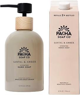 Pacha Soap Co. Liquid Hand Soap Glass Bottle & Refill - Santal & Amber, Hydrating+Moisturizing Formula, Clean Ingredients, Paraben & Dye Free, Made in USA, 2-Pack (12.5 fl oz Bottle, 32 fl oz Refill)