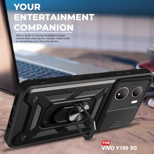 Image of Armor Bumper Back Cover Case for Vivo Y100 5G | Rotating Camera Cover, Ring Holder & Kickstand | Heavy Duty & 360 Degree Protection Vivo Y100 5G Back Cover (Black)