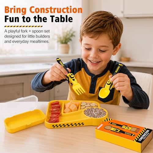 Image of Deinyi Construction Toddler Utensils, Reusable Plastic Toddler Fork and Spoon with Storage Case, Kids Utensils for 1 2 3 4 5 6 7 Year Old, Halloween Christmas Birthday Gifts, Yellow
