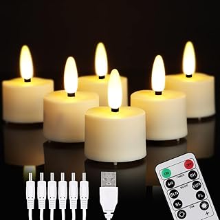 LED Rechargeable Tea Lights Candles with Remote, 6 pcs Battery Operated Tealights with Flickering Flame, USB Charging Cabl...
