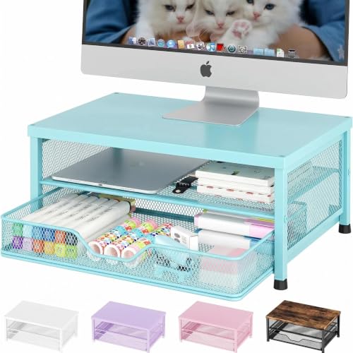 Image of OPNICE Computer Monitor Stand Riser, Desk Organizer with Drawer, Printer & Laptop Stand, Office Desk Accessories & Workspace Desktop Organizers Storage for Office Supplies(Blue)
