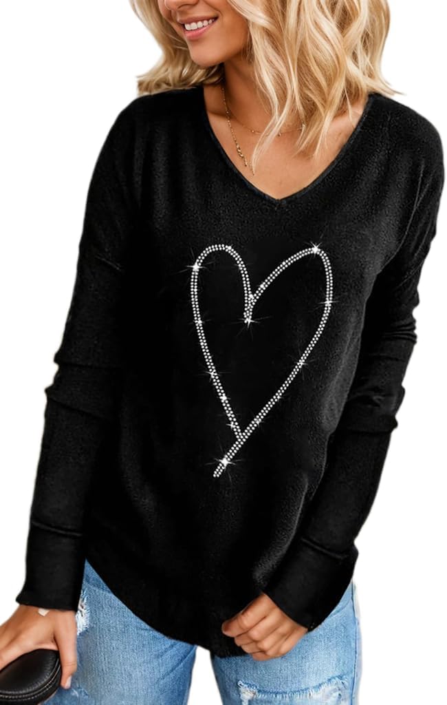 Akivide Women's Medium Heart Love Graphic Pullover Sweatshirt Casual Oversized Crewneck Top Valentine's Day Long Sleeve Shirt
