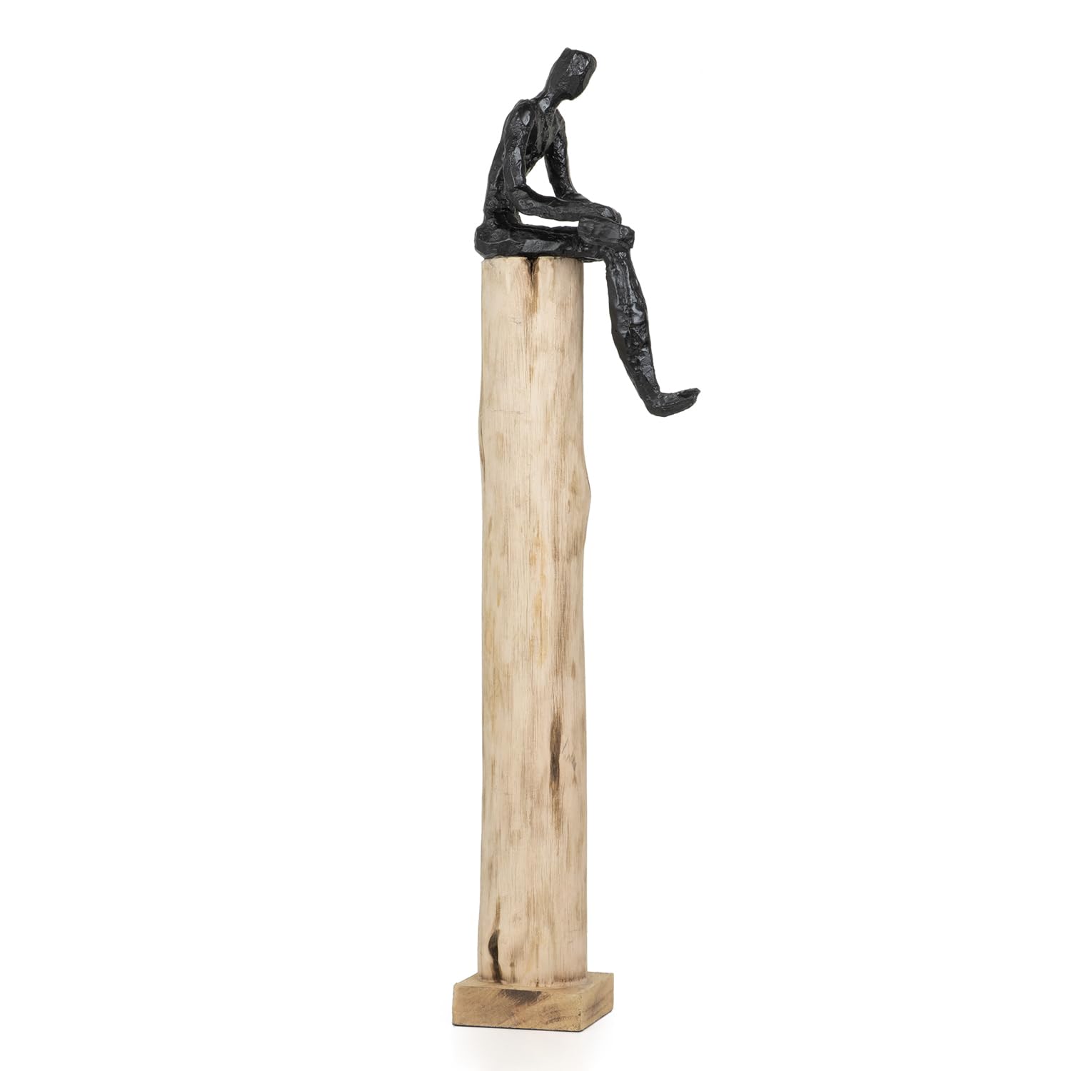 Moritz Skulptur Mann auf Stamm ca. 74 cm – Holz modern sitzend Deko Figur | Massiver Naturstamm mit dunkler Sitzfigur, jedes Stueck ein handgefertigtes Unikat, moderner Blickfang und Geschenkidee