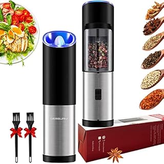 DERGUAM Electric Salt and Pepper Grinder Set, Stainless Steel Pepper Grinder with Gravity Sensor Switch, Salt Grinder Spice Grinder with Adjustable Coarseness and LED Blue Light, Battery Powered
