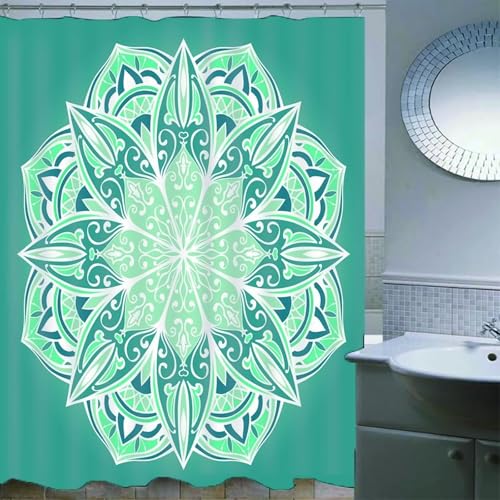 Rideau de douche vert textile polyester lavable imperméable anneaux