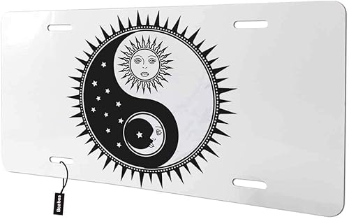 Beabes Yin Yang - Cubierta de matrícula delantera de sol y luna, placas decorativas de aluminio para automóvil, placa de aluminio novedosa para