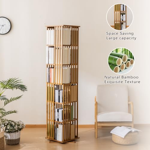 latifolia 6 Tier Rotating Bookshelf Tower, 360° Spinning Bamboo Bookcase, Coner Bookshelf for Office, Living Room, Narrow Space(Brown) by latifolia - Used condition - Image 5