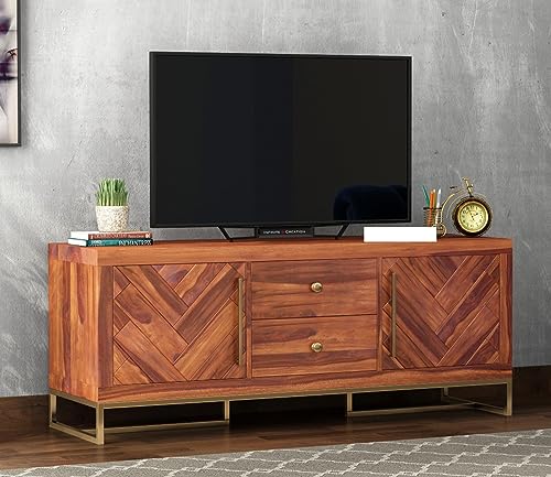 Image of Premium Solid Sheesham Wood TV Unit with 2 Drawers, 4 Shelves, and 2-Door Storage - Accommodates up to 55-Inch TV - Ideal for Living Room (Zane, Honey Finish)