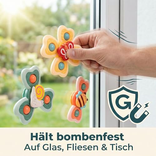 Katomi Baby Spielzeug ab 1 Jahr Saugnapf Spinner – Robustes Badespielzeug & Reisespielzeug für Hochstuhl, Auto & Flugzeug – Sensorik Motorikspielzeug, BPA-Frei Geschenk für Jungen & Mädchen
