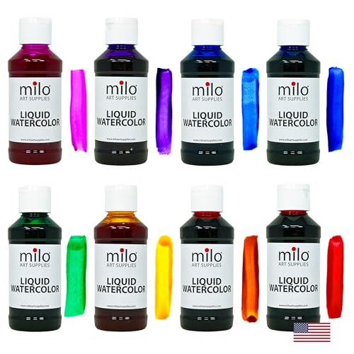 milo Liquid Watercolor Paint Set of 8 Colors | 4 oz Bottles | Washable, Safe and Non-Toxic | Made in USA | Arts & Crafts Paints for School Supplies and Painting Set | Easy to Pour Fluid Bottles