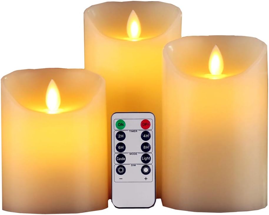 Gbateri LED Flameless Candle Set of 3 Dripless Real Wax Flickering Pillar Lights Battery Operated Realistic Dancing Candles Include 10-Key Remote Control With Timer for Gifts and Decoration Use