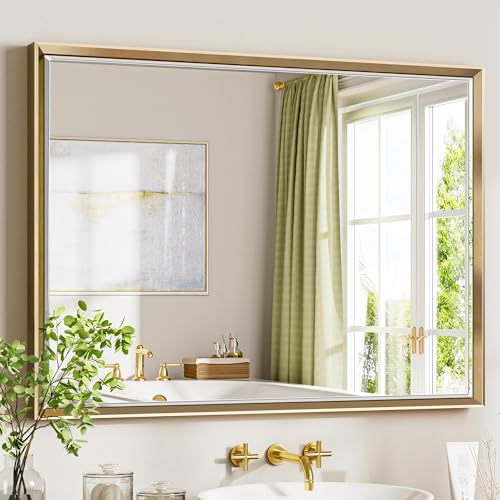 QueenFun 40 x 30 Gold Bathroom Mirror, Brushed Gold Beveled Bathroom Mirror, Shatterproof Large Gold Frame Rectangle Mirror, Brushed Brass Gold Framed Vanity Mirror Vertical/Horizontal Wall-Mounted