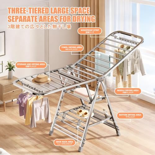 Foldable Indoor Airer, Large Folding Laundry Dryer Stand with Adjustable Height for Drying Clothes, Towels, and Sheets（Third-Layer,140CM/55.1in）