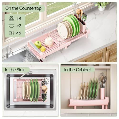 Image of TOOLF Small Dish Drying Rack, Mini Expandable Compact Dish Rack, Slim Extendable Stainless Steel Dish Drainer for Kitchen Plate Storage, Space Saving Dish Strainer in Sink or on Home Countertop, Pink