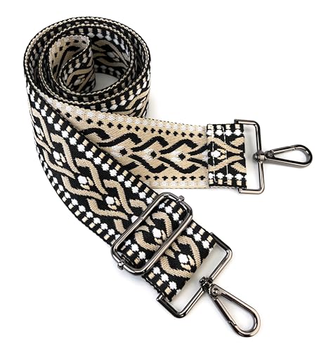 Purse Strap Replacement Crossbody 2 Inch Wide Black Khaki Ethnic Jacquard Weave with Gunmetal Hooks Adjustable Shoulder Strap Guitar Style