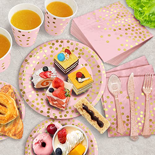 Aire 175Pcs Pink And Rose Gold Glitter Party Supplies, Severs 25 Disposable Party Dinnerware, Plastic Forks Knives Spoons, Golden Dot Paper Plates, Napkins Cups For Baby Shower, Birthday, Wedding #TOP4