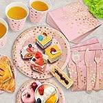 AIRE 175PCS Pink Rose Gold Plates Party Supplies Severs 25 Guests Disposable Party Decorations, Plastic Forks Knives Spoons, Golden Dot Paper Plates Napkins Cups for Baby Shower Birthday Wedding - Image 4
