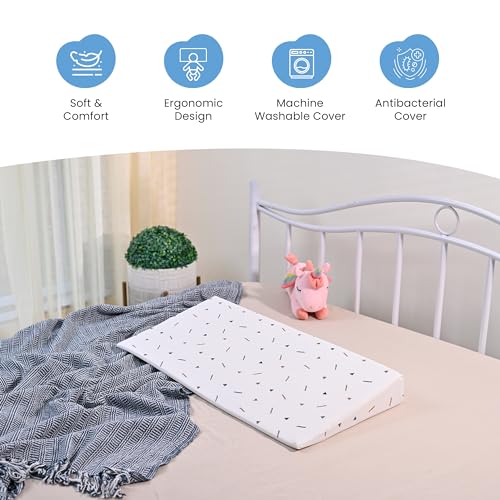 Image of Cherilo Full Size Elevated Wedge Pillow for Baby Crib & Mattress, Elevate Baby to Prevent Acid Reflux, Colic, GERD, Heat Burn, 28 inch x 14 inch x 3.5 inch - with Removable Cover - Triangle Design - White