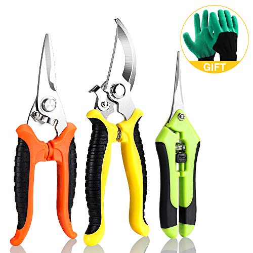 ONEBOM Garden Pruners, 3 Pack Garden Shears Cutters with Gloves, Professional Bypass Stainless Steel Heavy Duty