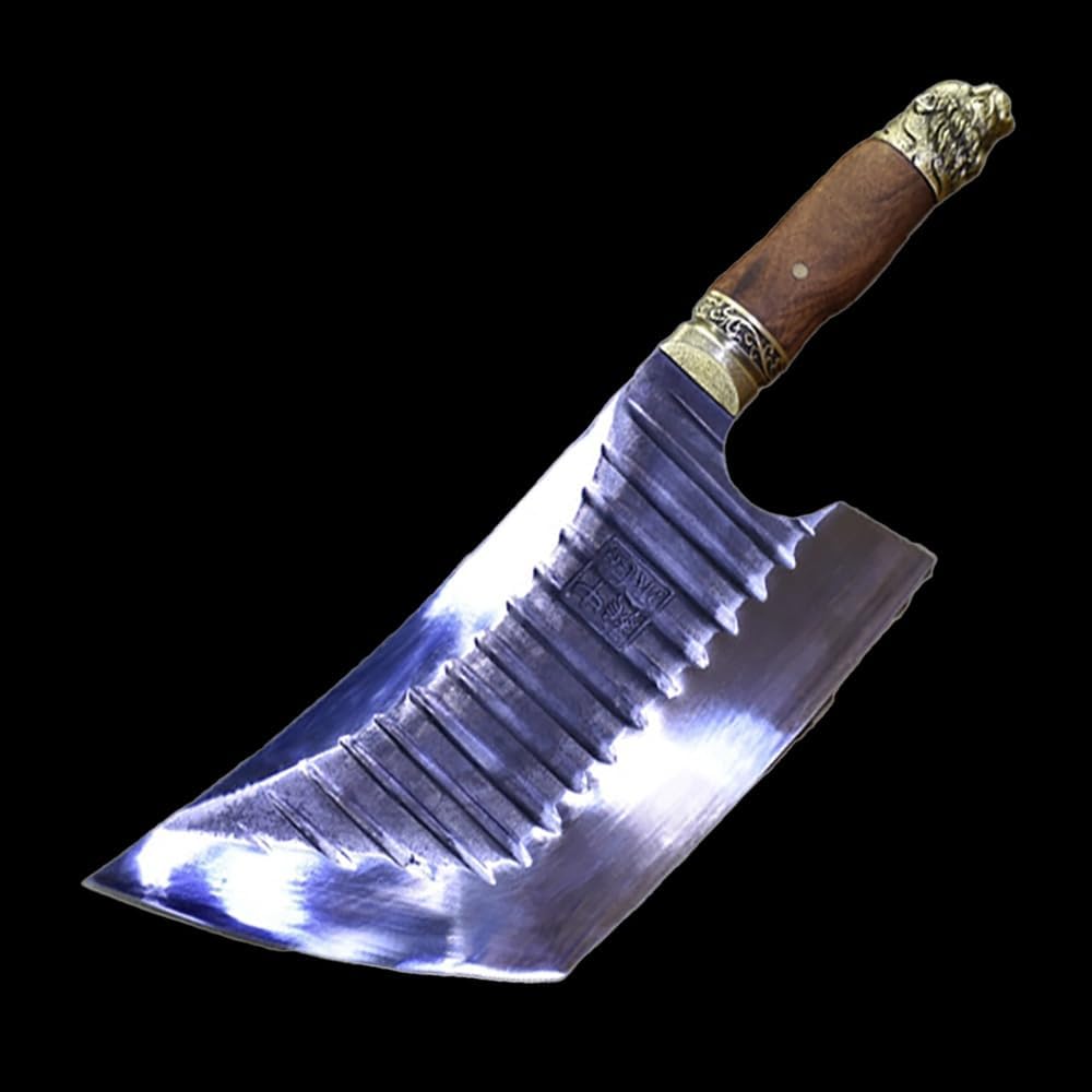 Meat Cleaver Knife, 9.5 Inch Hatchet Machete Hand Forged Big Bone Chopper High Manganese Spring Steel Butcher Kitchen Knives Copper Leopard Decor