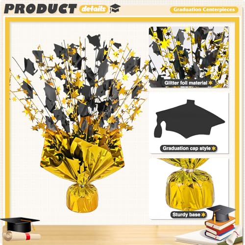 Image of 6 Packs Graduation Decorations Centerpieces for Tables Metallic Foil Star Graduate Cap Burst Tabletop Display in Black and Gold for 2026 Grad Ceremonies Celebrations Party Decor Supplies 12 inch