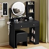 DWVO Makeup Vanity Desk with LED Lighted Mirror, Black Vanity Set with Charger Station, Small Spaces Vanity Table for Bedroom, Adjustable 3 Lighting Modes, Makeup Table with Chair, 31.5in(L)