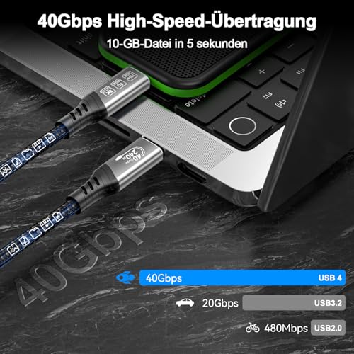 EUDOBEL USB C Thunderbolt 4 Kabel 1m, USB C Datenkabel 40Gbps, Schnellladung 240W, 4K@144Hz 8K@60Hz USB C Video Kabel für eGPU… – Ansicht 2