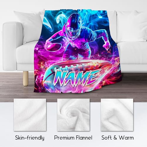 Football Blanket for Boys, Custom Kids Blankets, Personalized Gifts with Name, Warm Fleece Sports Throw for Bed & Sofa, 60"x80"