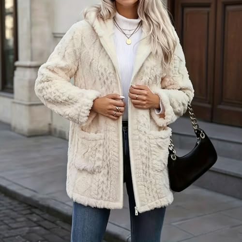 XOGWVJ Womens Fuzzy Hooded Coat Sherpa Fleece Jacket Zip Up Warm Longline Textured Casual Fall Winter Outerwear with Pockets Womens Jacket Beige S - image 3
