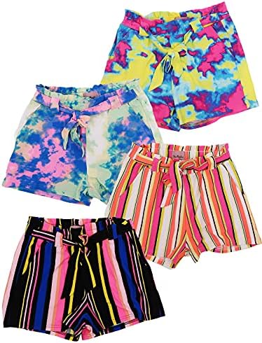 MISS POPULAR Girls Super Soft Paperbag Shorts with Pockets Summer Cute Designs |Sizes 7-16 (Combo A, 14/16, Numeric_14)