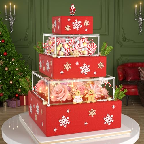 2PCS Acrylic Fillable Cake Stand Cake Riser Cake Tier, Square Cylinder Display Riser Box, Decorative Centerpiece for Wedding Birthday Party (One 12" Dx4 H inch, One 8" Dx4 H inch, 2M LED Lights)