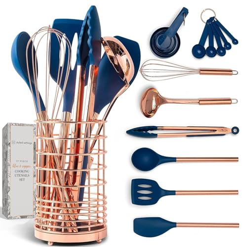 Copper and Blue Silicone Cooking Utensils Set - 17-Piece Set with Copper Utensil Holder and Measuring Cups and Spoons for Stylish Cooking and Baking - Blue Kitchen Decor, Unique Kitchen Gifts