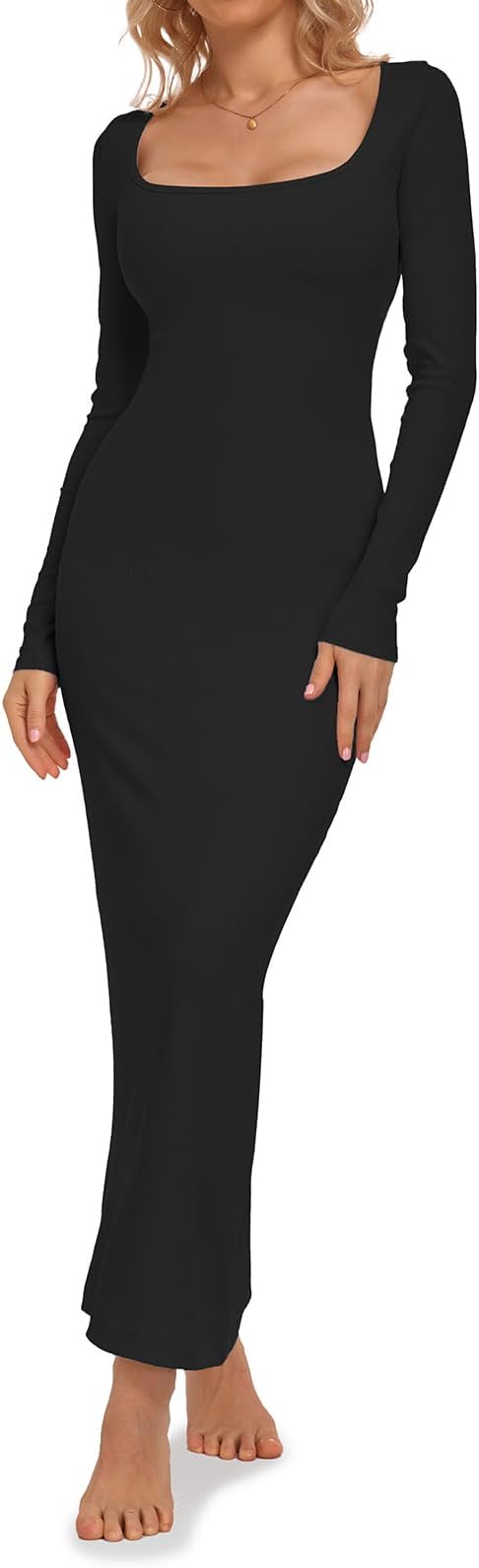 ReletyWomen's Bodycon Maxi Dresses Ribbed Long Sleeve Lounge Long Dress Square Neck Formal Casual Dresses for Women