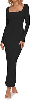 Women's Bodycon Maxi Dresses Ribbed Long Sleeve Lounge Long Dress Square Neck Formal Casual Dresses for Women - Buy now
