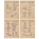 Classic Robot Patent Prints, 4 (8x10) Unframed Photos, Wall Art Decor Gift for Home Transformer Gear Office Man Cave Tech Work Garage Shop School College Student Teacher ComicCon Mechanical Toys