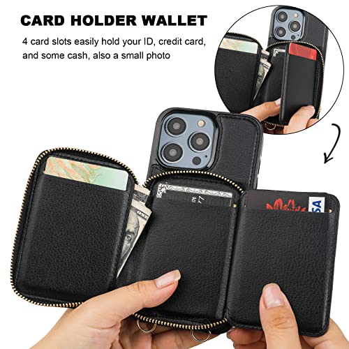 Bocasal RFID Blocking Wallet Case for iPhone 14 Pro, Adjustable Crossbody Zipper Purse Case Card Holder with Kickstand Detachable Wrist Strap, PU Leather Flip Folio Case 6.1 Inch 5G (Black)