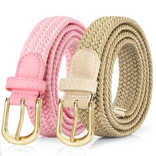 Alphyly Neries 2 Pack Braided Belt for Women Gold Buckle, Pink & Khaki